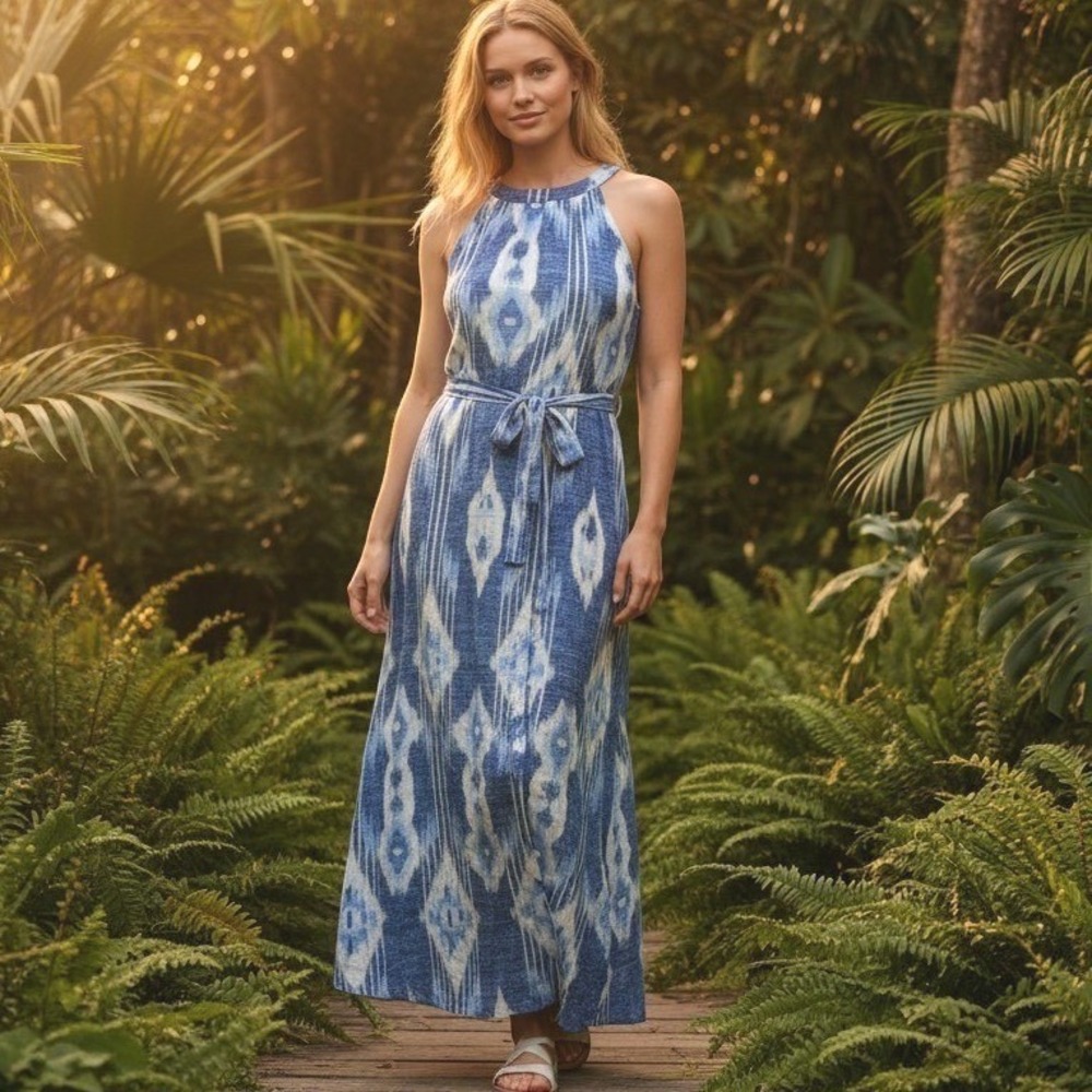 Tommy Bahama Cobalt Sea Ikat Linen Maxi Dress Blue White Halter SW621782 Small